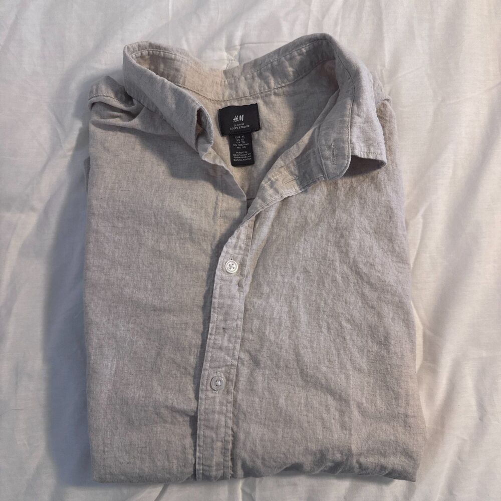 Mens XL H&M Linen/Cotton Blend Long Sleeve Tan Button Down Beach Resort Vacation